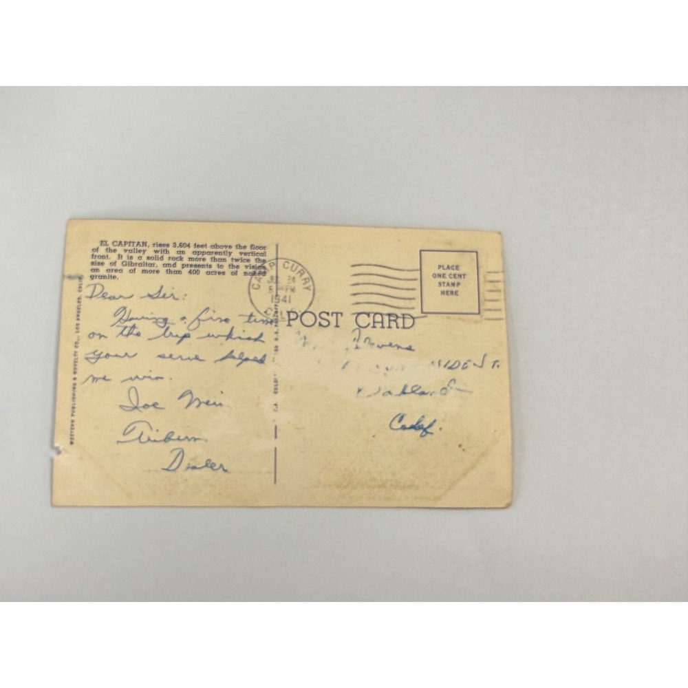 1941 Yosemite National Park El Capitan Linen Postcard Camp Curry Postmark 317 - Picture 11 of 14